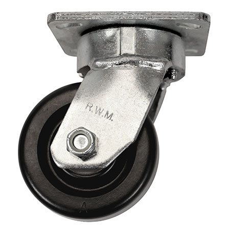 Side view of swivel caster with black wheel